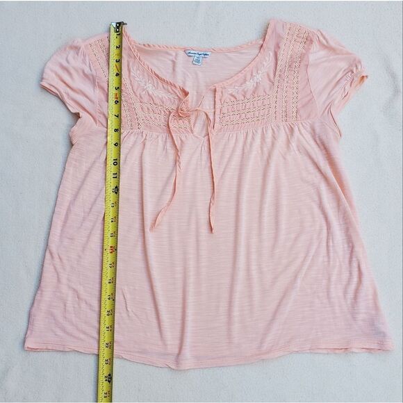 American Eagle Peach Swiss Dot Embellished Cap Sleeve Top - Picture 4 of 12